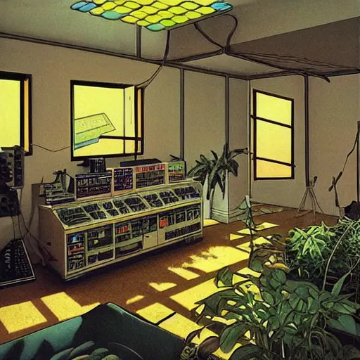 Prompt: a sunny room filled various analog audio controllers and synthesizers and plants, vibrant color photo, style of shaun tan junji ito