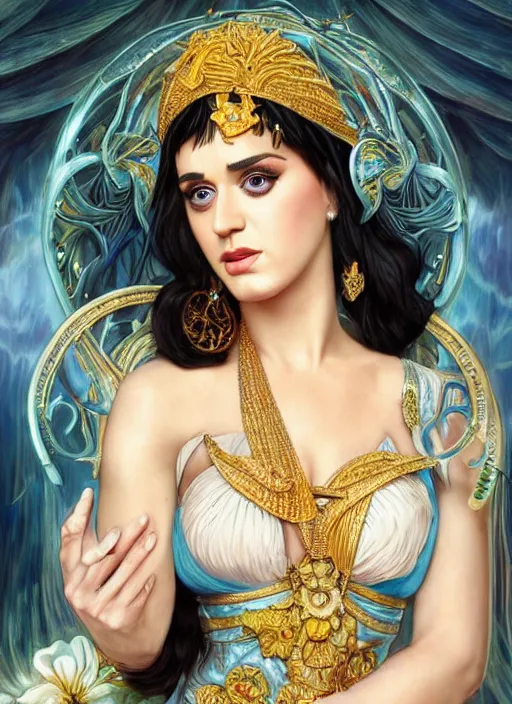 Image similar to Katy Perry as a Greek Goddess, beautiful detailed eyes, cute, fantasy, intricate, elegant, highly detailed, digital painting, 4k, HDR, concept art, detailed jewelry, smooth, sharp focus, illustration, art by Artgerm, H R Giger and Alphonse Mucha