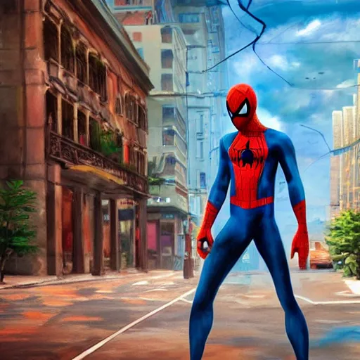 Image similar to realistic landscape painting of Spiderman as Detective Dee from China, made by Michaelangelo, Chinese style art, physical painting, Sharp focus,digital art, bright colors,fine art, trending on Artstation, unreal engine.