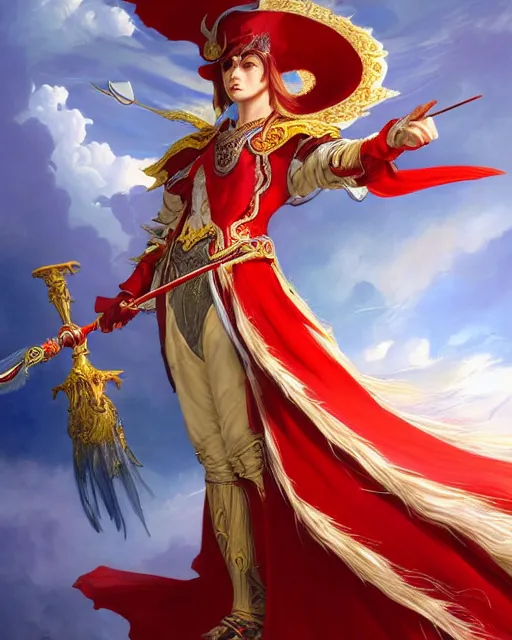 Image similar to A Full View of a Red Mage wearing red white and gold striped magical shining Conquistador armor and a feathered hat holding a staff of power with a gemstone topper surrounded by an epic cloudscape. Magus. Red Wizard. masterpiece. 4k digital illustration. by Ruan Jia and Artgerm and Andreas Rocha and William-Adolphe Bouguereau and Edmund Blair Leighton, award winning, Artstation, intricate details, realistic, Hyperdetailed, 8k resolution