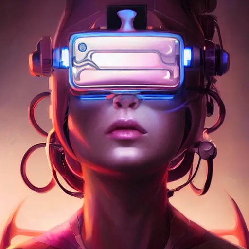 Prompt: portrait of a beautiful cybernetic female wearing a virtual reality headset, cyberpunk concept art by pete mohrbacher and artgerm and wlop and greg rutkowski, digital art, highly detailed, intricate, sci-fi, neon colors, sharp focus, Trending on Artstation HQ, deviantart, unreal engine 5, 4K UHD image