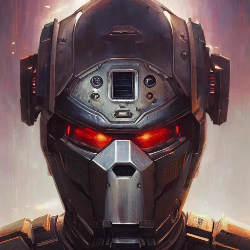 Image similar to the doomslayer as a realistic scifi cyberpunk knight, closeup portrait art by donato giancola and greg rutkowski, vintage retro scifi, realistic face, digital art, trending on artstation, symmetry!!!