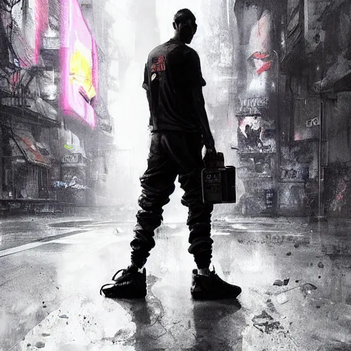 Image similar to A man wearing Acronym J36-S pants and Acronym P30A-DS and black Nike Air Force 1 sneakers, high quality, digital art, dirty cyberpunk city, greg rutkowski