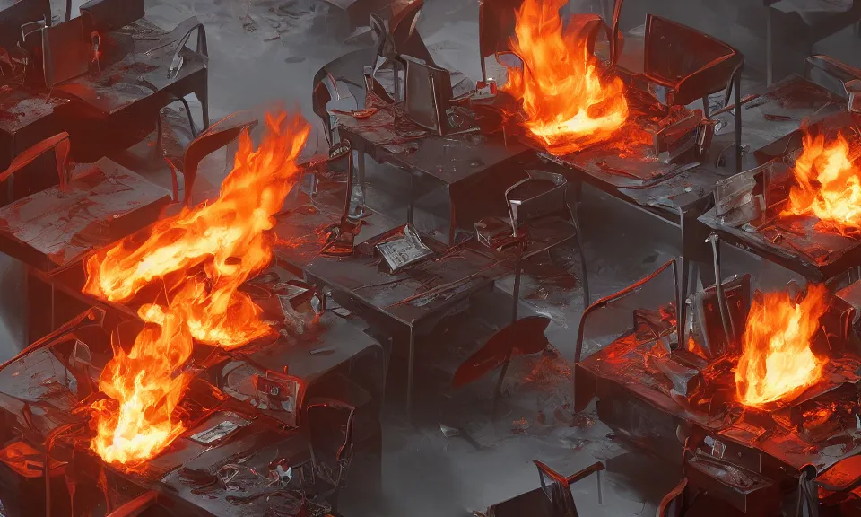 Image similar to hot hell office with burning desks and chairs, close up, featured in artstation, octane render, intricate, ultra detailed, fantasy, concept art, sharp focus, illustration, 8 k