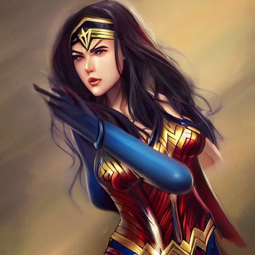 Image similar to A realistic anime wonder woman with wearing a kimono, digital painting, by WLOP and Rossdraws, digtial painting, trending on ArtStation, deviantart