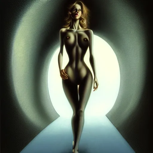 Image similar to beautiful woman entering a tunnel, walking with swagger, blue sky, art by peter lloyd 1 9 8 0, airbrush style, art by hajime sorayama,, intricate, elegant, sharp focus, illustration, highly detailed, concept art, matte, sharp focus, illustration, highly detailed, concept art, h 6 4 0