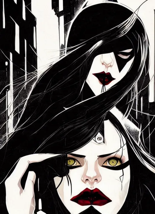 Prompt: Rafael Albuquerque comic art, Joshua Middleton comic art, scary Persian vampiress, modern, chic nyc streetwear, evil smile, symmetrical face, symmetrical eyes, dark clothing, long wavy black hair, full body::8 stormy weather::2 no long neck