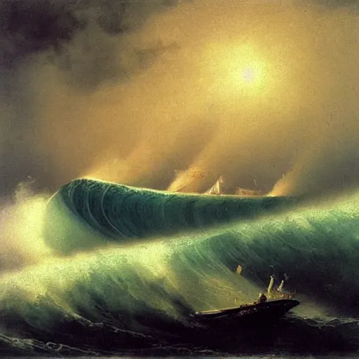 Prompt: the drawing depicts a huge wave about to crash down on three small boats. the boats are filled with people, and they all look terrified. catholicpunk by ivan aivazovsky curvaceous, ornamented