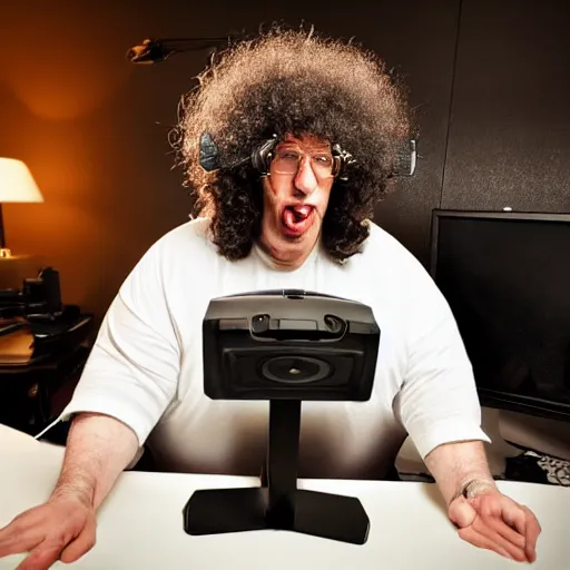 Image similar to obese Howard Stern wearing a headset yelling at his monitor while playing WoW highly detailed wide angle lens 10:9 aspect ration award winning photography by David Lynch esoteric erasure head