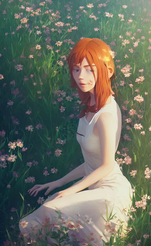 Image similar to southern ginger woman in a cream dress, freckled, sitting among flowers, airbrushed, hazy, gentle, soft lighting, wojtek fus, by makoto shinkai and ilya kuvshinov,