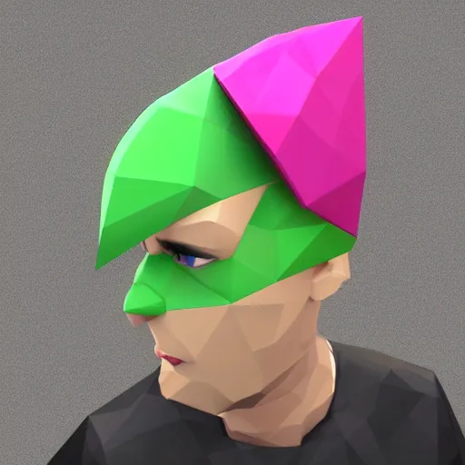 Image similar to low poly video game character with a round pink head, a green mohawk, green eyebrows and a long red pointy nose