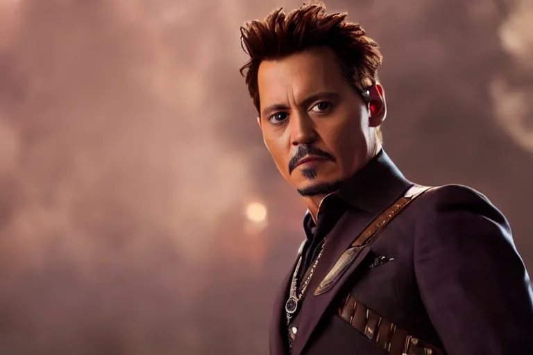 Image similar to film still of Johnny Depp as Tony Stark in new avengers movie, 4k