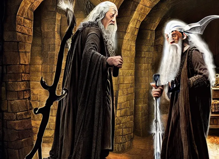 Prompt: gandalf standing with frodo in bag end, bag end in the style of h. r. giger, image from a movie, detailed, realistic, live action