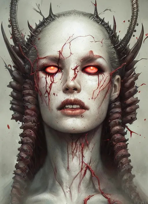 Image similar to a hyper detailed face portrait of the queen of blades, wounded face, diablo 4 lilith, sideshow figurines, by tom bagshaw, artgerm, dorian cleavenger, greg rutkowski, wlop, astri lohne, zdzisław beksinski trending on artstation