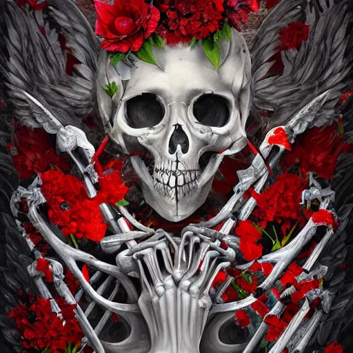 Prompt: beautiful painting of a garden of bones, flowers of blood in the style of Prateep Kochabua, Leonora Karrington, Welder Wings, Hervé Scott Flament, neosurrealism digital art, detailed, trending on Artstation