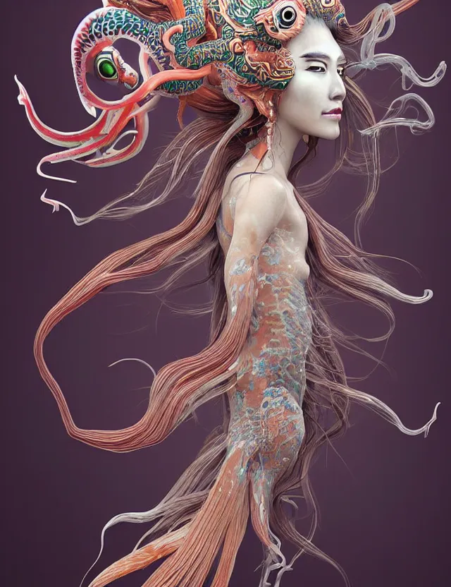 Image similar to 3 d goddess squid half - turn portrait with long hair with ram skull. beautiful intricately detailed japanese crow kitsune mask and clasical japanese kimono. betta fish, jellyfish phoenix, bio luminescent, plasma, ice, water, wind, creature, artwork by tooth wu and wlop and beeple and greg rutkowski