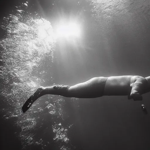 Image similar to A man swimming underwater, being chased by a submarine