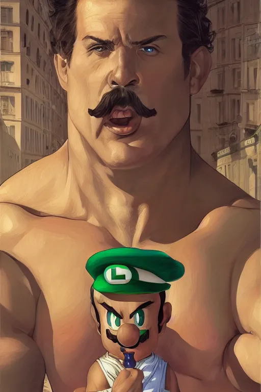 Prompt: luigi as gigachad bodybuilder in the city by ilya kuvshinov, ernest khalimov body, super mario bros symmetrical face concept art, hyper realistic, intricate, elegent, highly detailed, digital painting, concept art, smooth, sharp, focus, illustration, art by artgerm and greg rutkowski and alphonse mucha, artstation