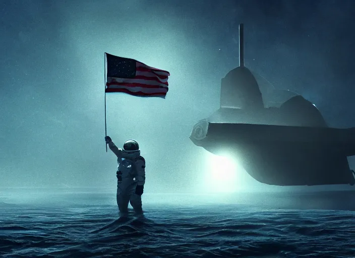 Image similar to astronaut holding a flag in an underwater desert. a submarine is visible in the distance. dark, concept art, cinematic, dramatic, atmospheric, 8 k, trending on artstation, blue, fish, low visibility, fog, ocean floor, christopher nolan, interstellar