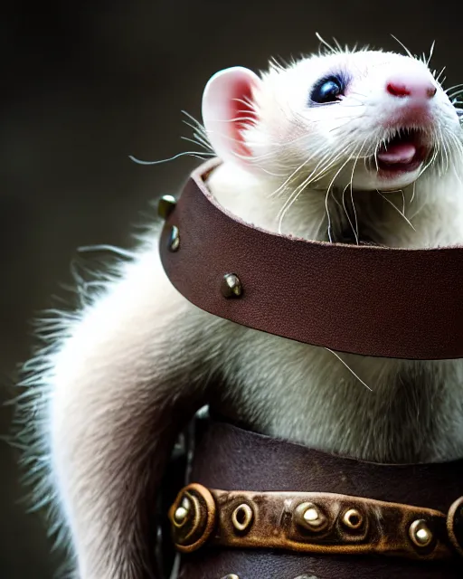 Image similar to ferret love warrior, furry, fantasy, viking, high detailed, hearts, photography, cloudy, lightweight leather armour, scandinavia, plain, detailed face, look into the distance, serious face, full body, in full growth, professional photographer, masterpiece, 5 0 mm, extremely detailed, digital art, middle ages, minimalism 8 k