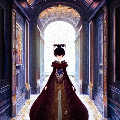 Prompt: beautiful young girl in intricate clothing walking through a hallway made of blood diamonds, reflections, very high intricate details, painting, digital anime art, medium shot, mid - shot, wlop, ilya kuvshinov, artgerm, krenz cushart, greg rutkowski, sana takeda