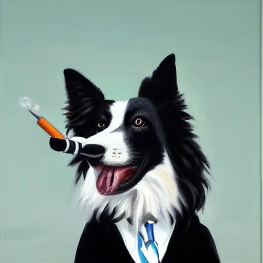 Prompt: a classic oil painting of a border collie dog wearing a suit and smoking a pipe, dramatic lighting