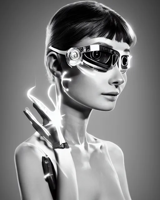 Image similar to centered portrait of soulful young audrey hepburn as a solarpunk mecha humanoid robotic parts wearing crystal goggles with bright led lights, real human face, pudica gesture bouguereau style, in white room, ultra - realistic and intricate, soft portrait shot 8 k