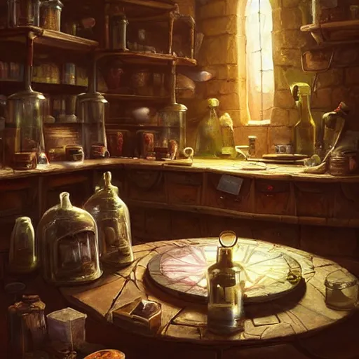 Prompt: incredible, table, wizards laboratory, greg rutkowski, mortar, pestle, magic powder, compass energy flowing, magic book, beakers of colored liquid, tony sart