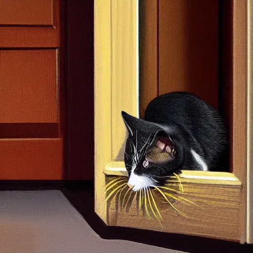 Image similar to house cat eating a photus in the living room next to a door by gref rutkowski