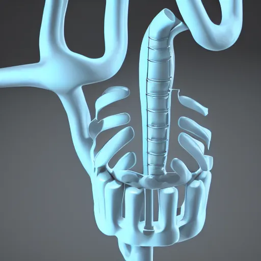 Prompt: an organ with ceramic pipes shaped like a human larynx, in the style of an engineering diagram, 3D render, 8k,