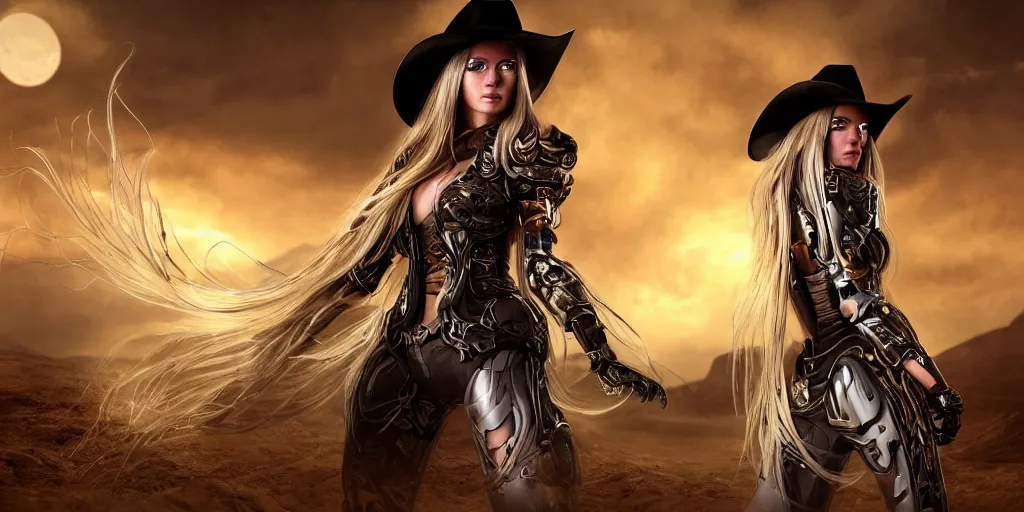 Image similar to Panorama screenshot beautiful female cyborg, beautiful glowing long flowing silver hair, super bright gold glowing eyes, wearing a cowboy hat, photographic highly detailed desert, hybrid from The Elden Ring and art direction by Darius Zawadzki ;by artgerm; wayne reynolds art station; cinematic quality character render; low angle; ultra high quality model; production quality cinema model