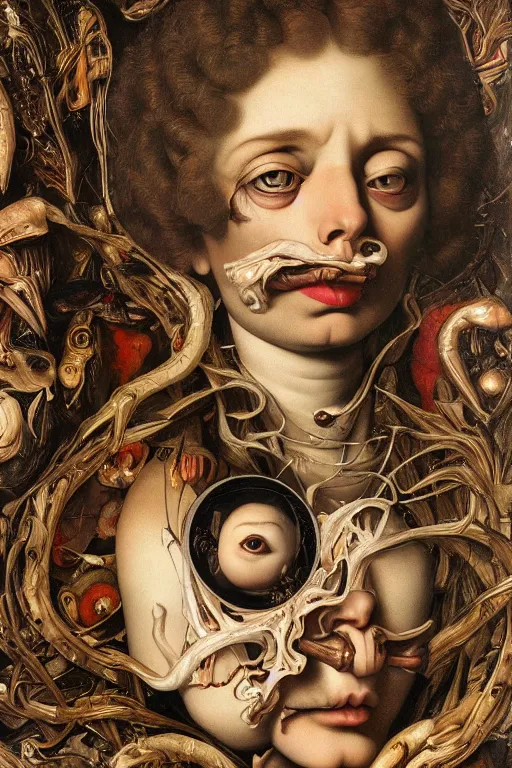 Prompt: Detailed maximalist portrait with large lips and with large, wide eyes, sad expression, HD mixed media, 3D collage, highly detailed and intricate, surreal anatomy, illustration in the style of Caravaggio, dark art, baroque