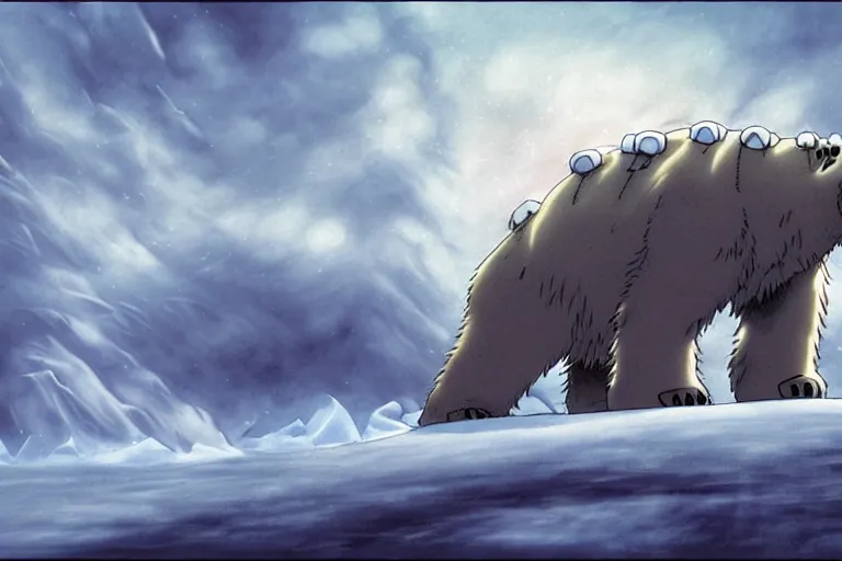 Image similar to cell shaded cartoon of a giant lovecraftian mechanized polar bear from howl's moving castle ( 2 0 0 4 ), on an icy road in the mist, full body, wide shot, very muted colors, post grunge, studio ghibli, highly detailed, deviantart, art by artgem