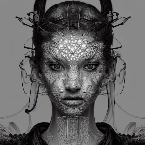 Image similar to the portrait of an absurdly beautiful, graceful, elegant, sophisticated, fashionable cyberpunk gravure idol, an ultrafine hyperdetailed illustration by kim jung gi, irakli nadar, takato yamamoto, intricate linework, neon colors, porcelain skin, unreal engine 5 highly rendered, global illumination, radiant light, detailed and intricate environment