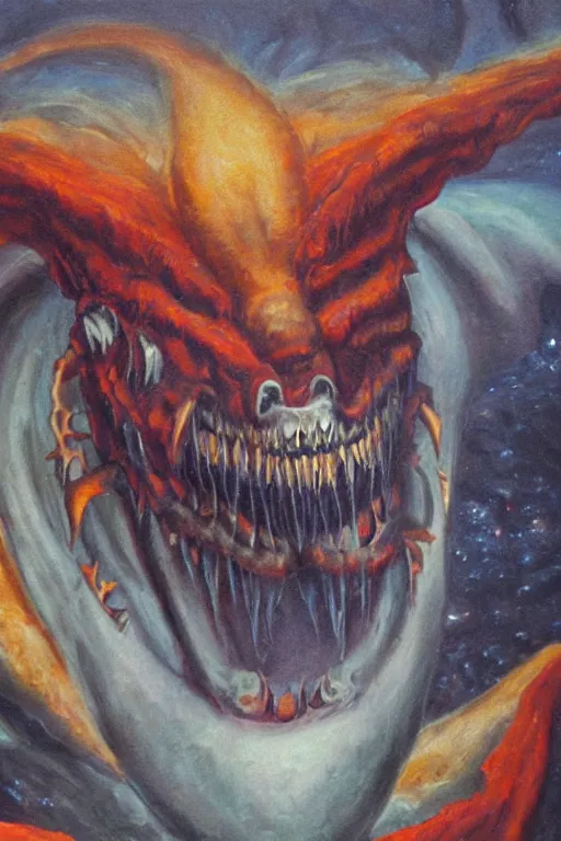 Prompt: oil painting, close-up, hight detailed, portrait of hell beast showing his teeths, in style of 80s sci-fi art