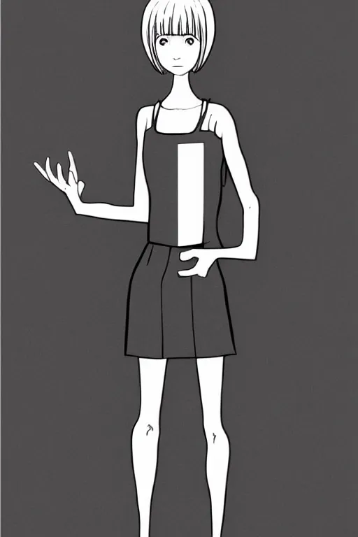 Image similar to portrait of a girl in long pants and a top, hands in pockets, eyes closed, bob haircut, digital art, black and white, minimalistic illustration by junji ito and kaoru mori