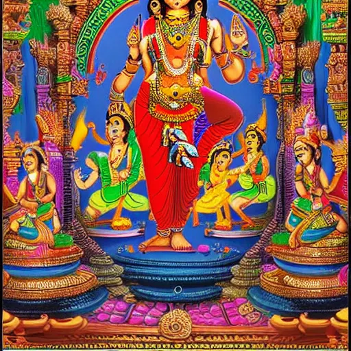 Image similar to Lord of the Dance (Nataraja), Hindu art, Hinduism. Deities surrounding Nataraja in a Hindu Temple, rich colors, 8K Ultra HD