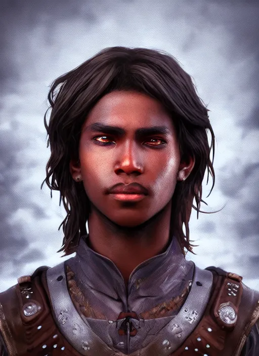 Image similar to An epic fantasy comic book style portrait painting of a dark skinned long haired boy peasant with intelligent eyes, unreal 5, DAZ, hyperrealistic, octane render, cosplay, RPG portrait, dynamic lighting