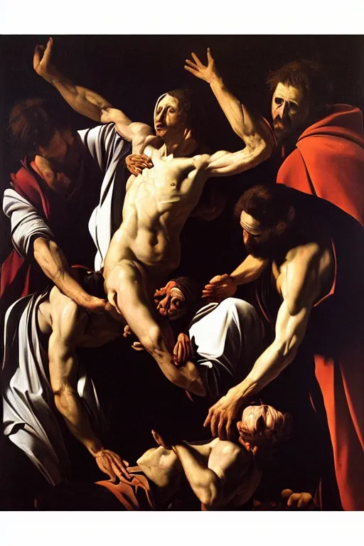 Prompt: a highly realistic oil painting of The Descent from the Cross, vey detailed faces, landscape background, chiaroscuro, by Caravaggio