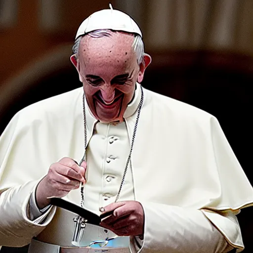 Prompt: pope Francis laughing hysterically as he writes your name In the death note