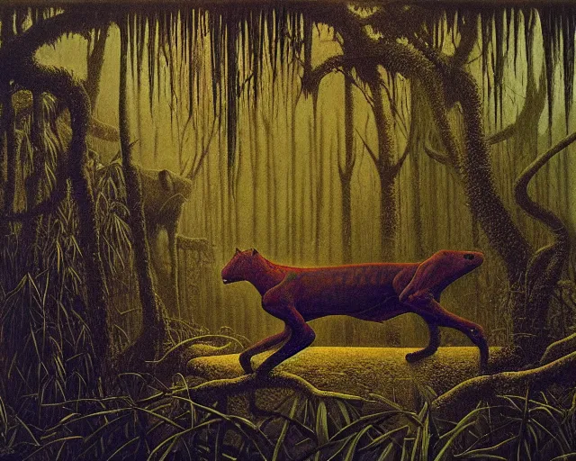 Image similar to Beksinski painting. Jaguar in a dark misty jungle, painted by Beksinski