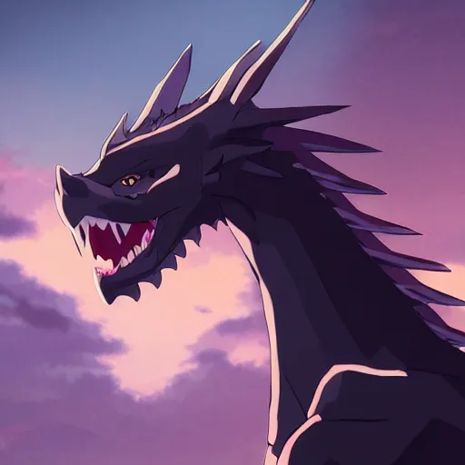 Image similar to high quality portrait of a black dragon. art by makoto shinkai, crunchyroll, pixiv, danbooru, hd, headshot, cinematic still, detailed anime face, bokeh, digital art, cel shading, vivid colors, ambient lighting