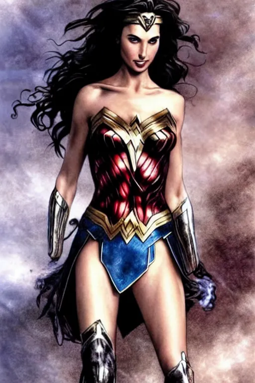 Image similar to Gal Gadot as Wonder Woman with athletic body, illustration by Luis Royo