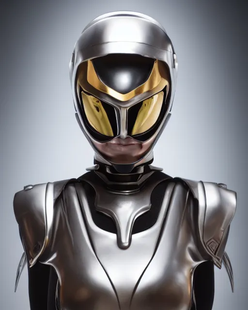 Prompt: realistic photo portrait of a metal sentai woman with human head, studio lighting, 1 5 0 mm