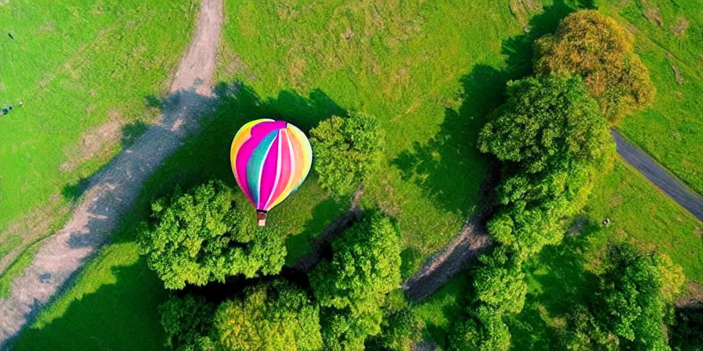 Image similar to hot air balloon, beautiful landscape, bird's eye view