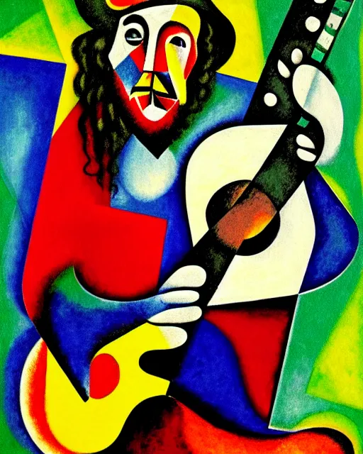 Image similar to a cubism portrait of willie nelson hugging his guitar, in the style of marc chagall, digital art, muted color