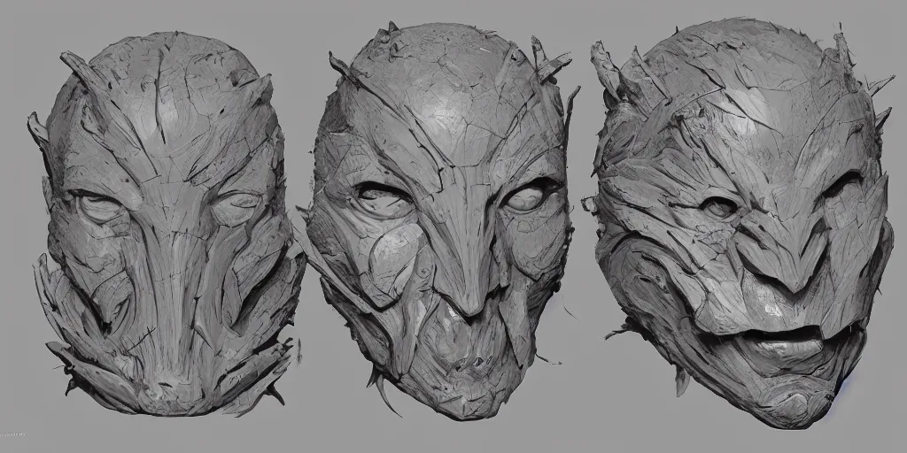 Image similar to wood and flesh mask design, character sheet, Moebius, Greg Rutkowski, Zabrocki, Karlkka, Jayison Devadas, Phuoc Quan, trending on Artstation, 8K, ultra wide angle, zenith view, pincushion lens effect.