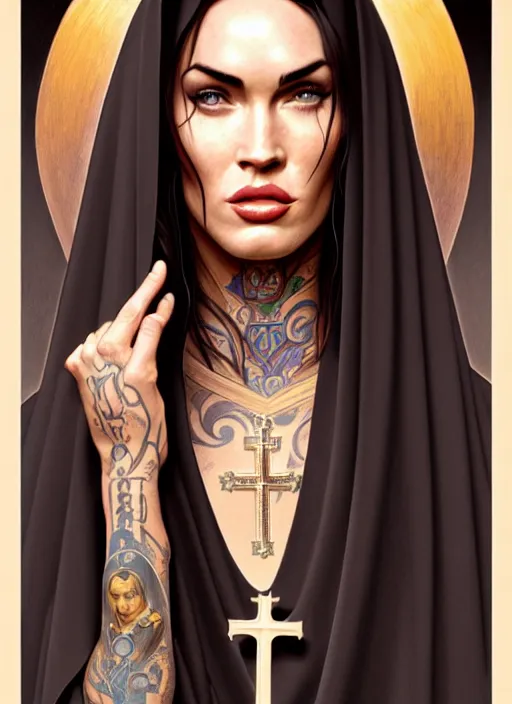 Image similar to portrait of megan fox as a nun with face tattoos, catholic, church, bible, christian, intricate, headshot, highly detailed, digital painting, artstation, concept art, sharp focus, cinematic lighting, illustration, art by artgerm and greg rutkowski, alphonse mucha, cgsociety