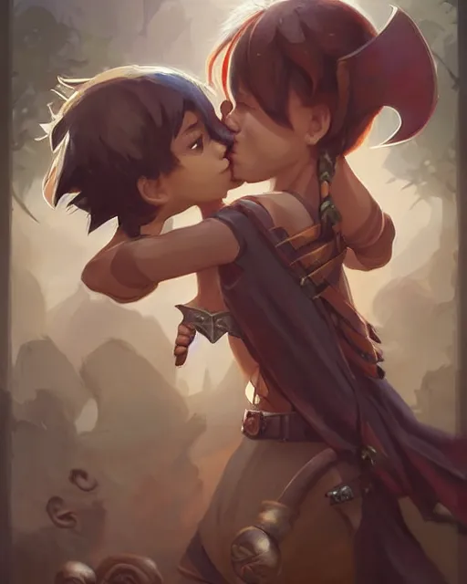 Image similar to cute little anthropomorphic akechi and makoto kissing, cute and adorable, pretty, beautiful, dnd character art portrait, matte fantasy painting, deviantart artstation, by jason felix by steve argyle by tyler jacobson by peter mohrbacher