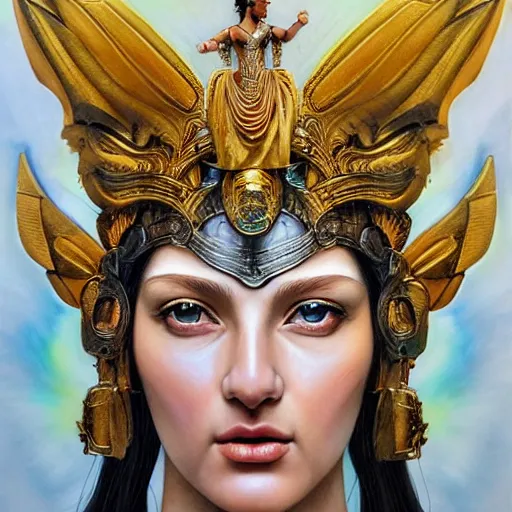 Image similar to hyperrealistic mixed media painting of beautiful goddess Athena, stunning 3d render inspired art by P. Craig Russell and Barry Windsor-Smith, perfect facial symmetry, dim volumetric lighting, full full full full face face face face face 8k octane beautifully detailed render, headpiece headpiece headpiece, post-processing, portrait, extremely hyper-detailed, intricate, epic composition, brown brown brown eyes eyes eyes eyes, realistic realistic realistic eyes, cinematic lighting, masterpiece, trending on artstation, detailed detailed detailed, masterpiece, stunning